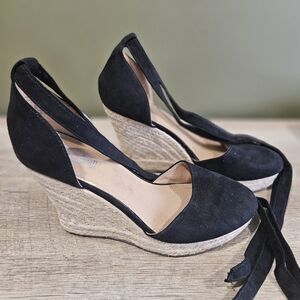 Brash Women's Size 7.5 Black Faux Suede Strappy Platform Wedge Sandals